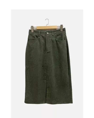 Midi 3/4 Length Straight Corduroy Skirt with Pockets and Front Slit, Olive Green