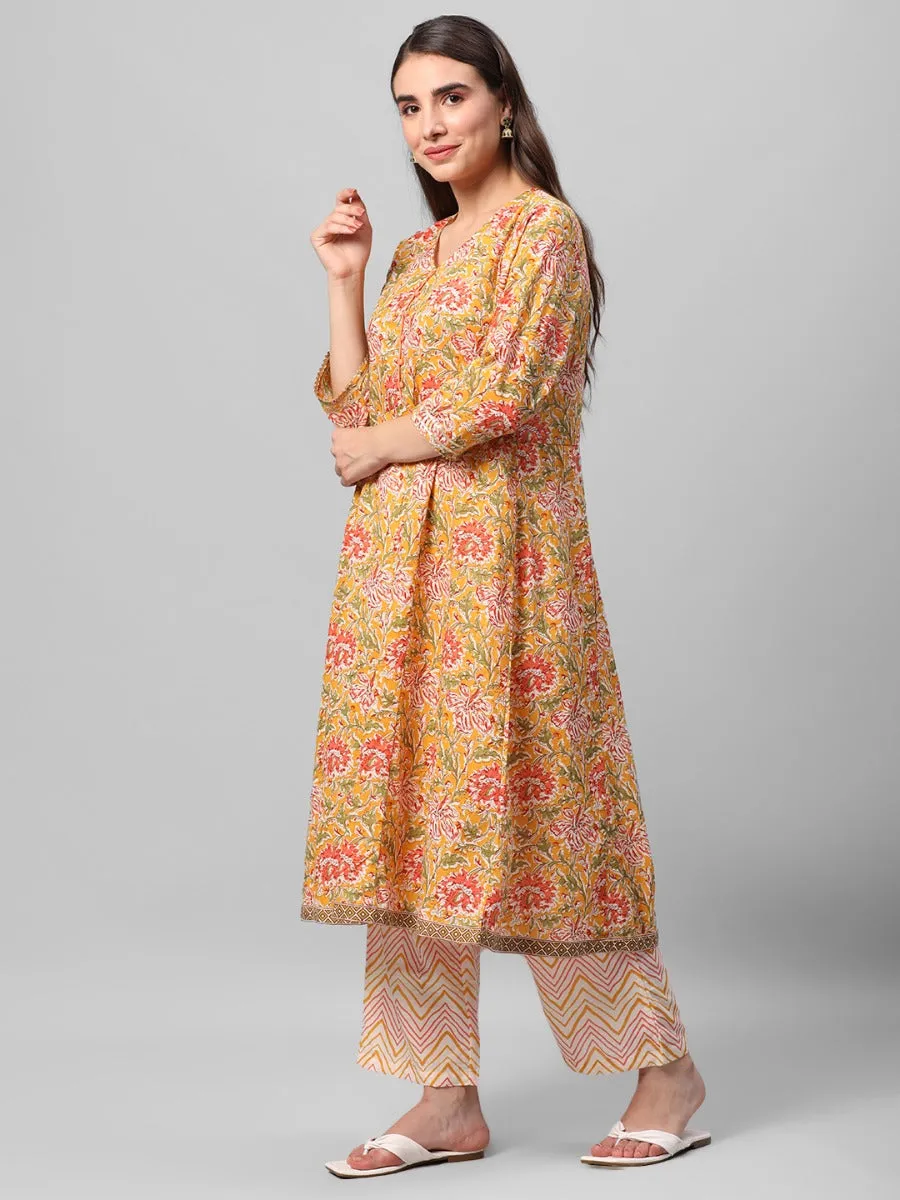 Mustard Floral Printed Kurta Comfort Pant Dupatta