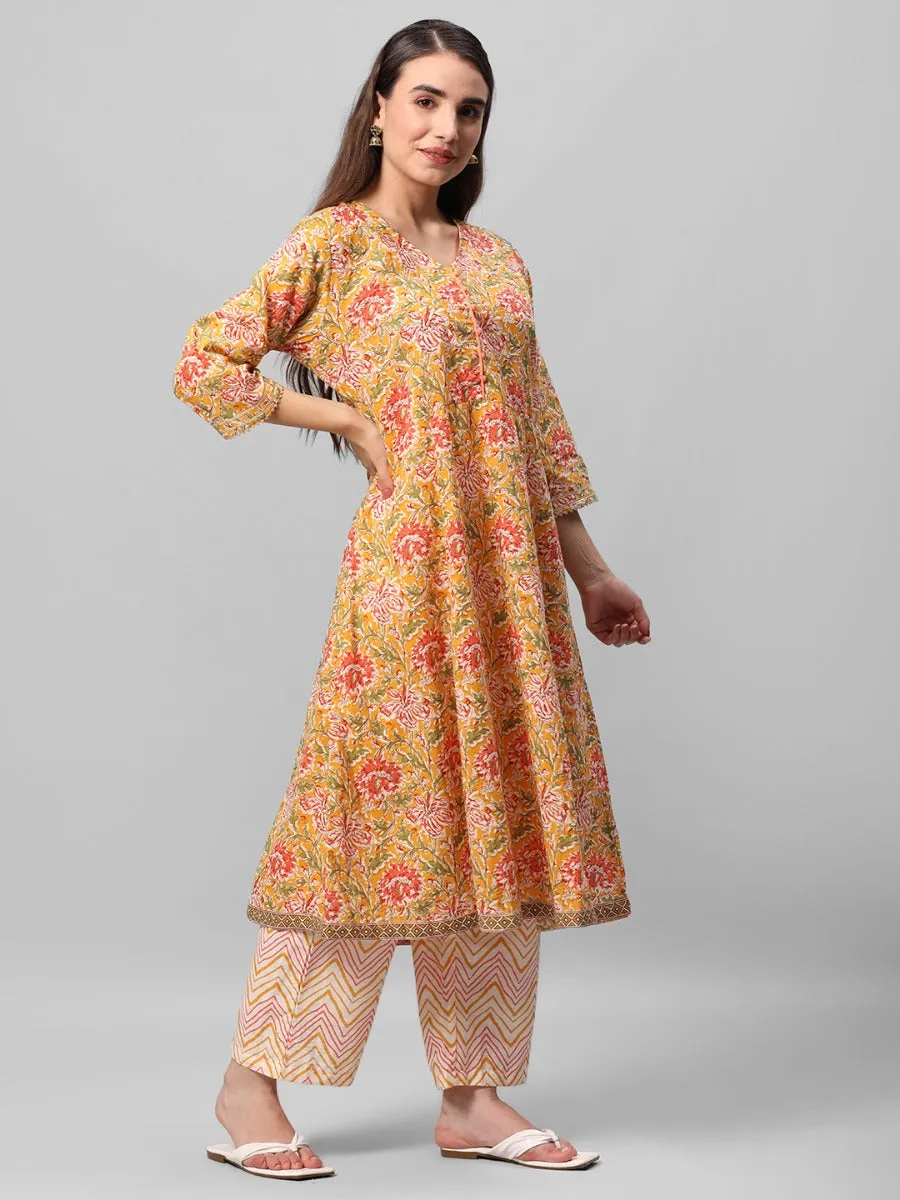 Mustard Floral Printed Kurta Comfort Pant Dupatta