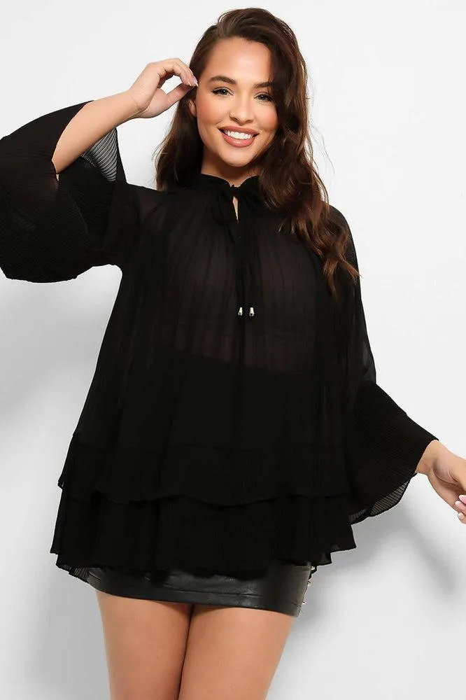 Neck Tie Pleated Chiffon Blouse