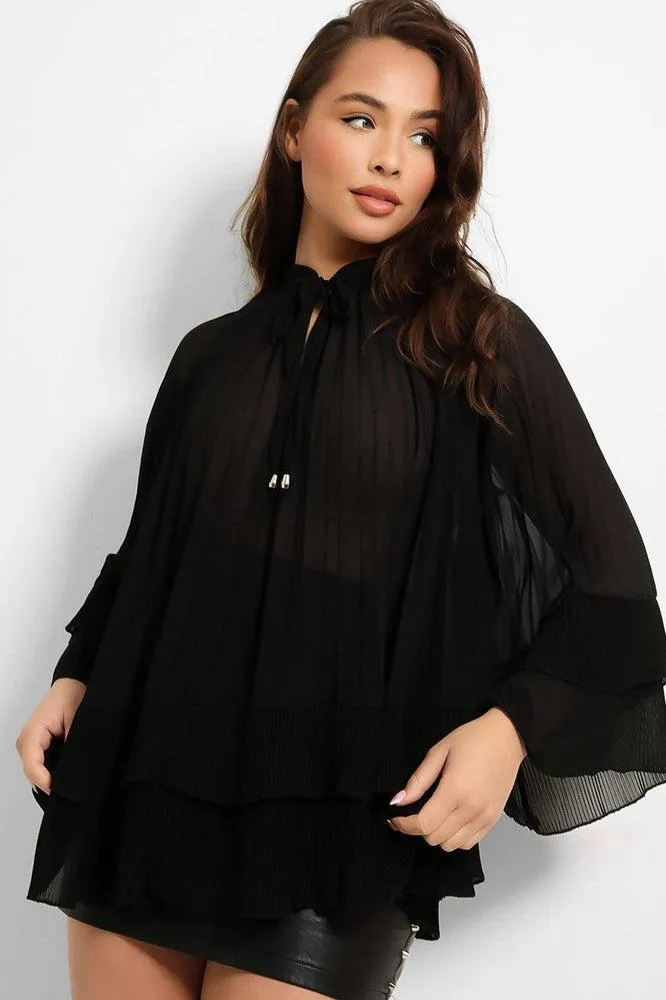 Neck Tie Pleated Chiffon Blouse