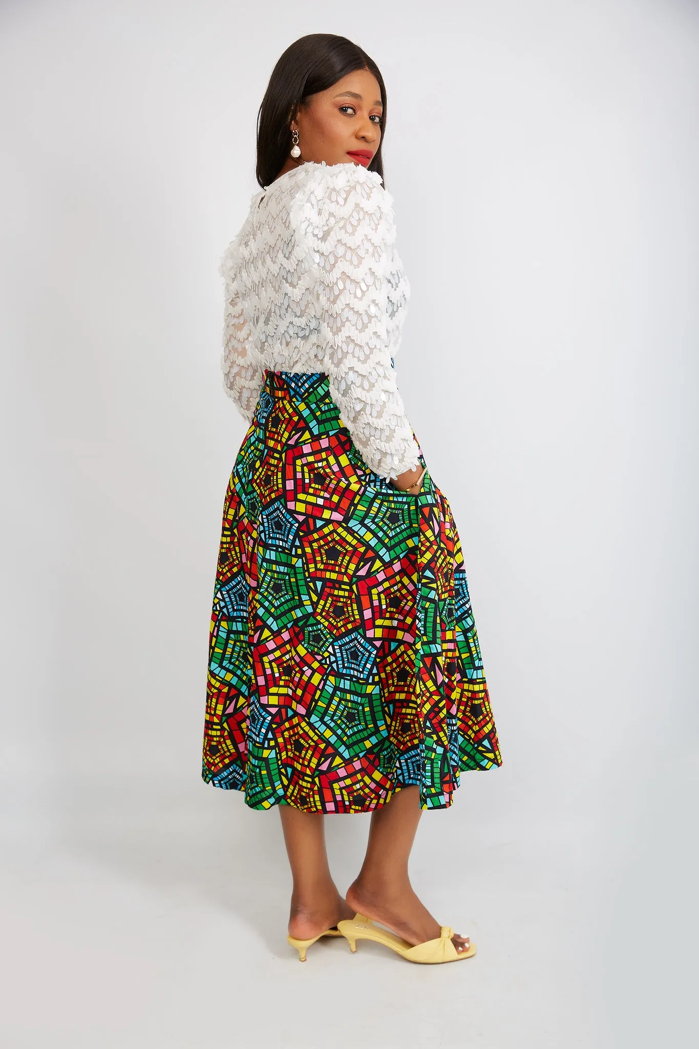 New in African Print Flare Midi Skirt - Adoni