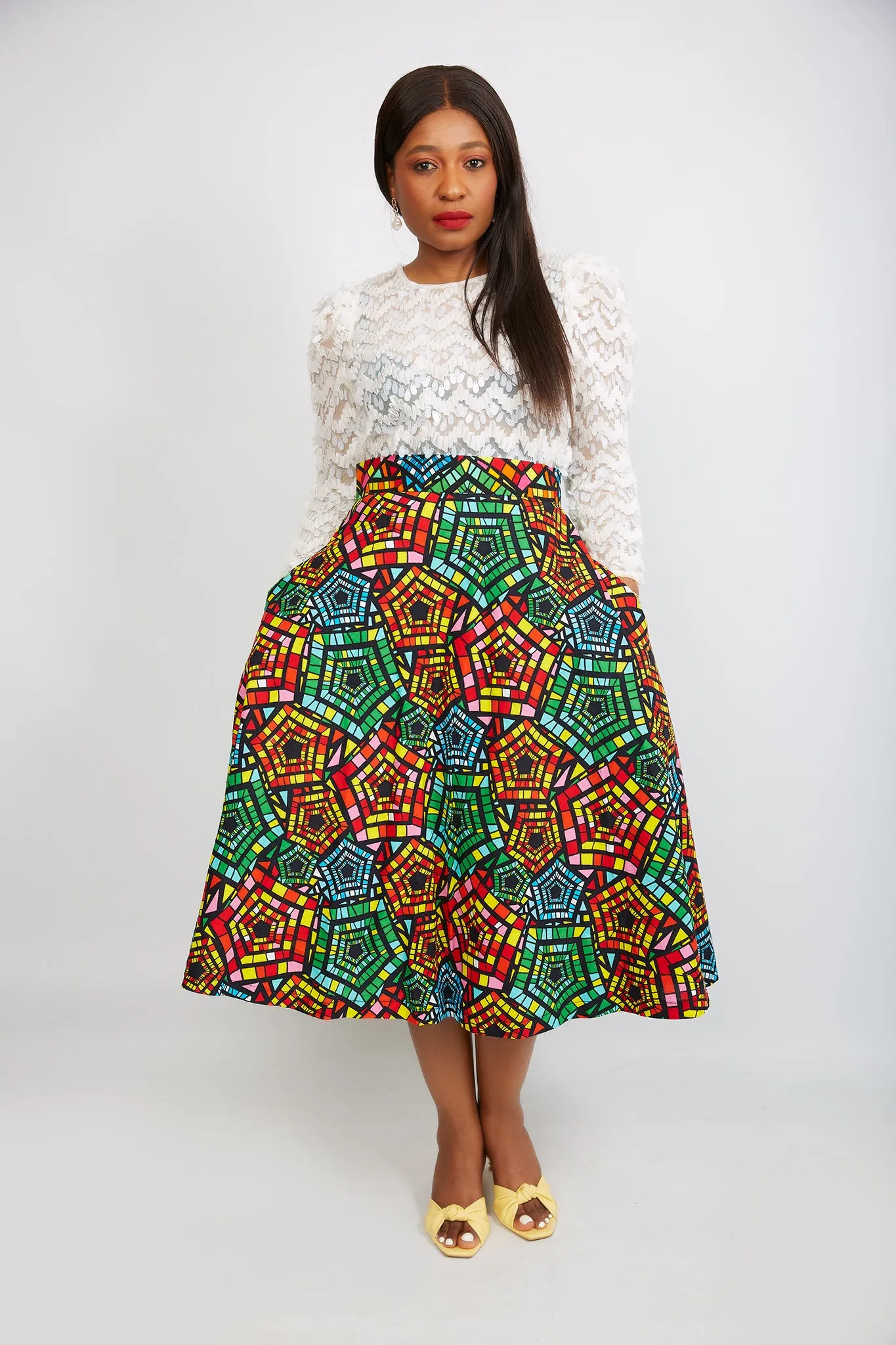 New in African Print Flare Midi Skirt - Adoni