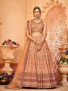 Odette Beige Chinon Printed Stitched Lehenga for Women