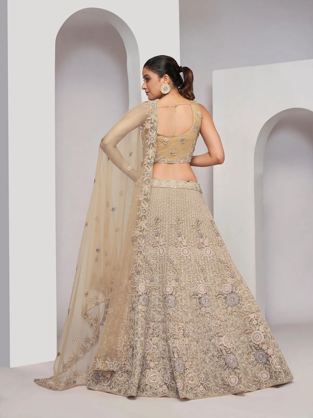 Odette Beige Net Embellished Semi Stitched Lehenga With Unstitched Blouse For Women