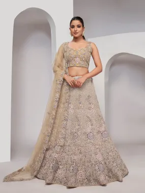 Odette Beige Net Embellished Semi Stitched Lehenga With Unstitched Blouse For Women