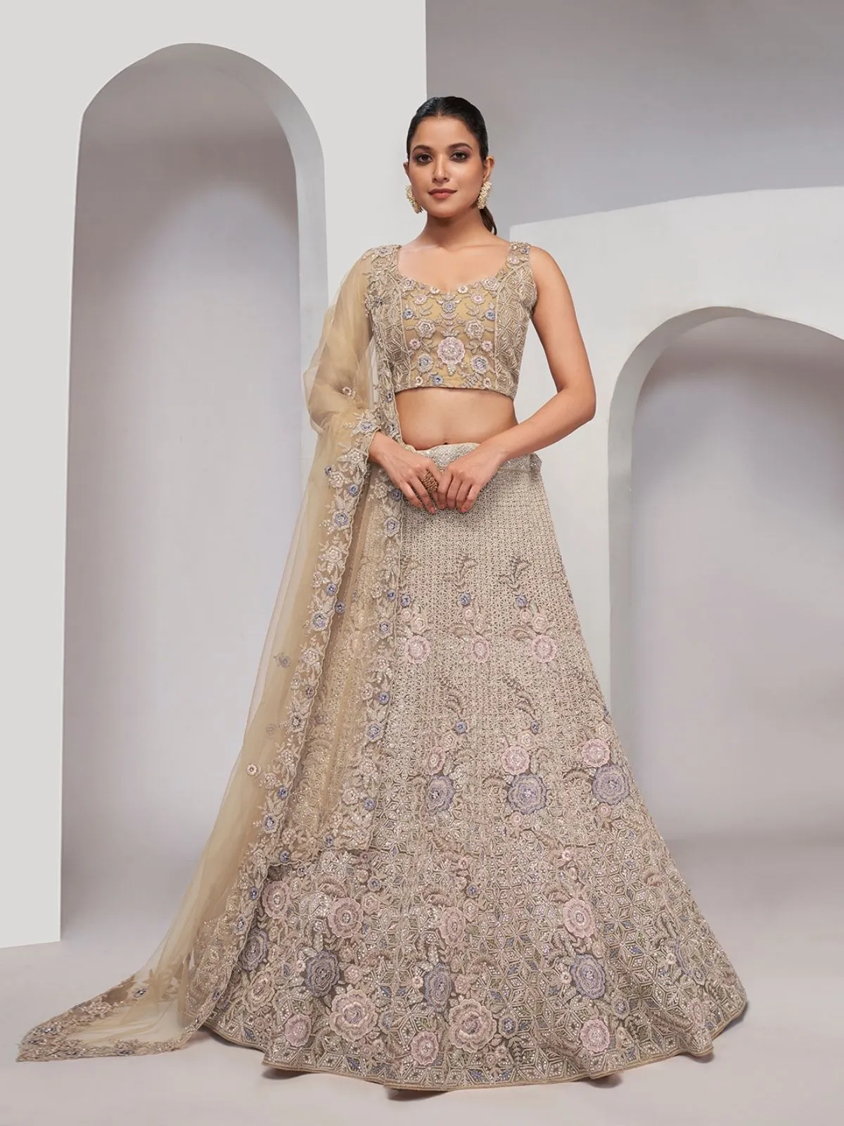 Odette Beige Net Embellished Semi Stitched Lehenga With Unstitched Blouse For Women