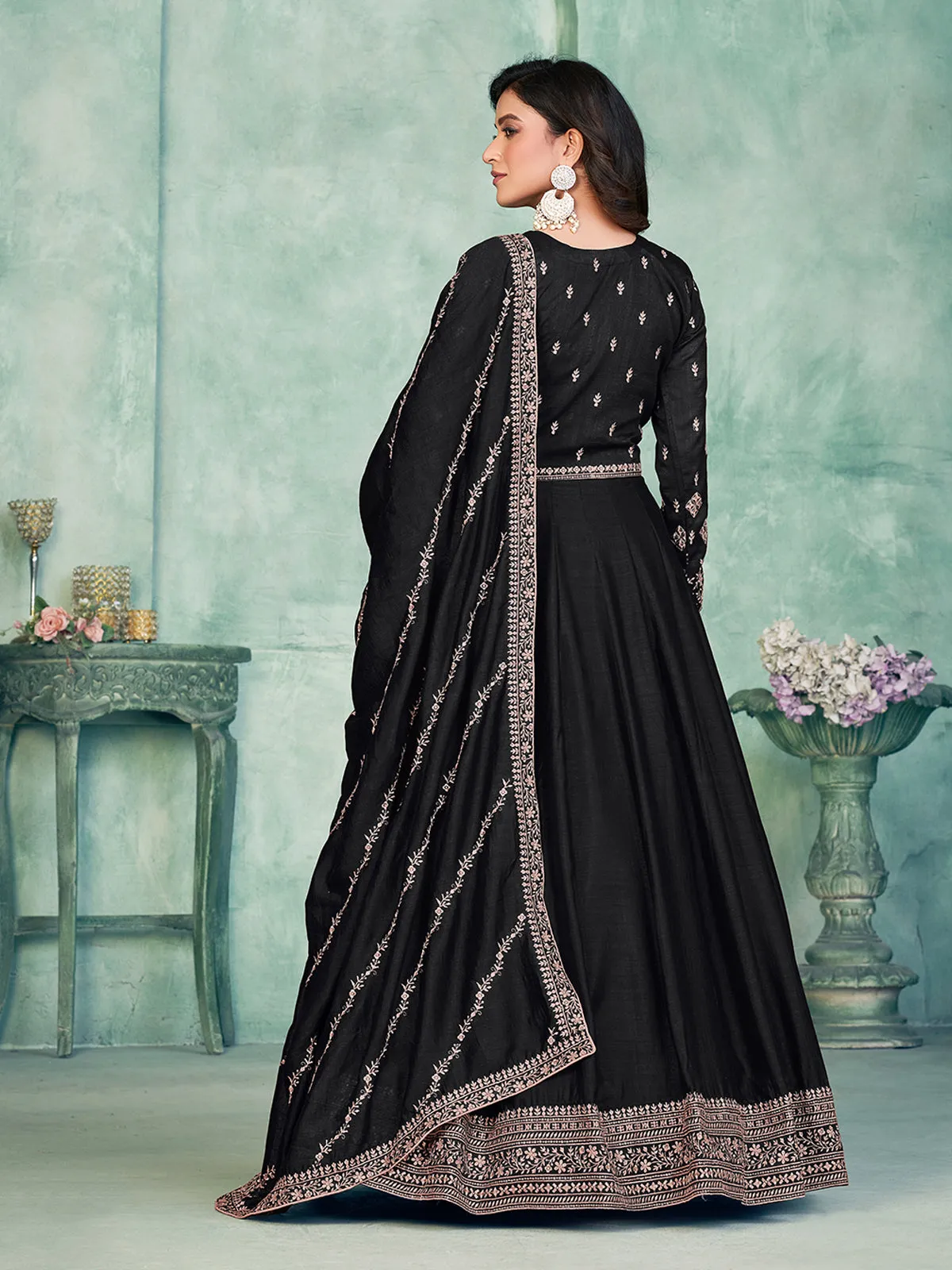 Odette Black Art Silk Embroidered Semi stitched Kurta Set with Inner For Women