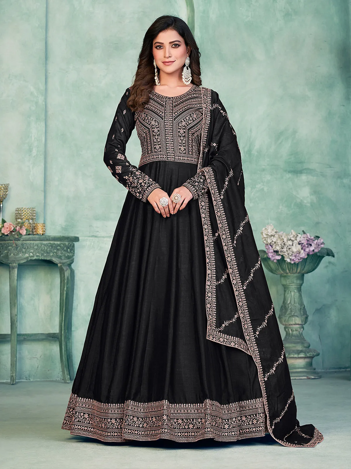 Odette Black Art Silk Embroidered Semi stitched Kurta Set with Inner For Women