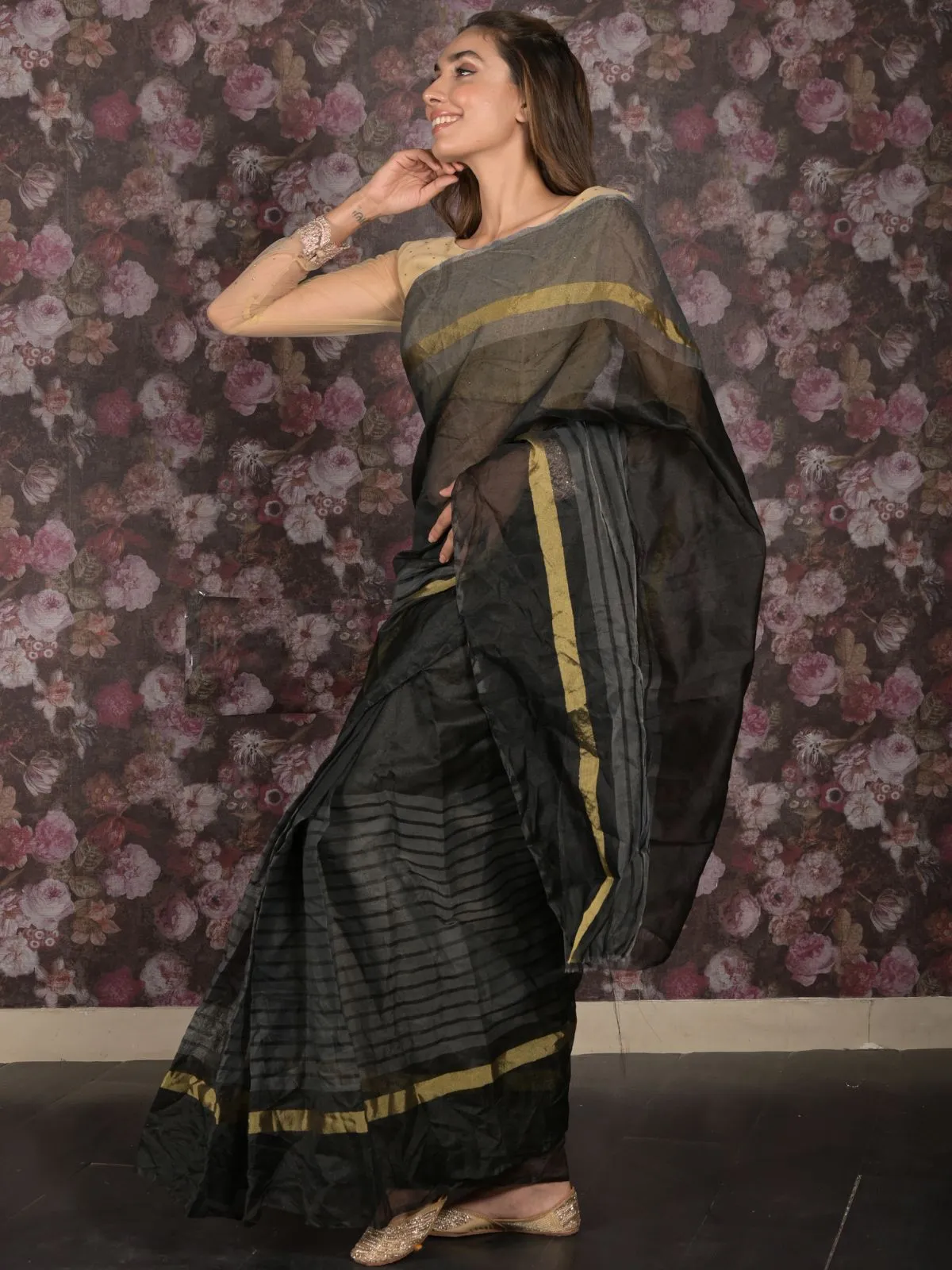 Odette Black Cotton Blend Woven Saree for Women