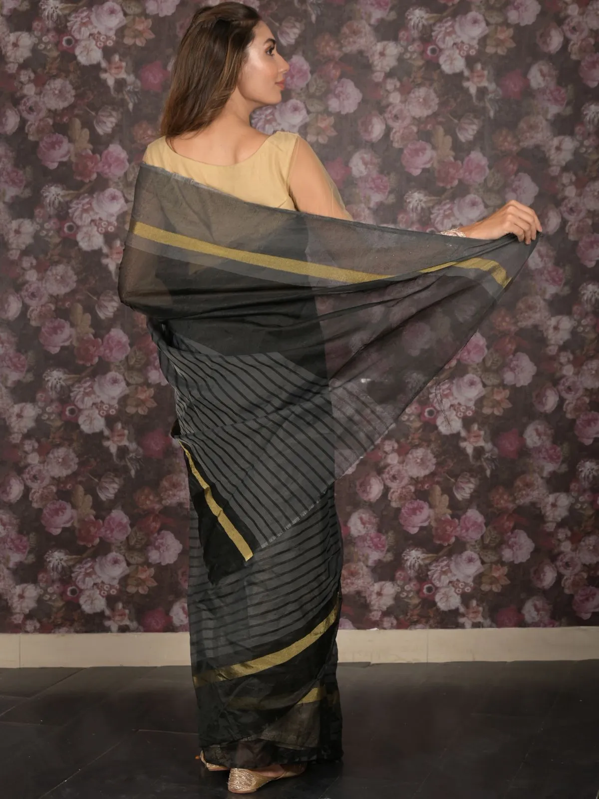 Odette Black Cotton Blend Woven Saree for Women