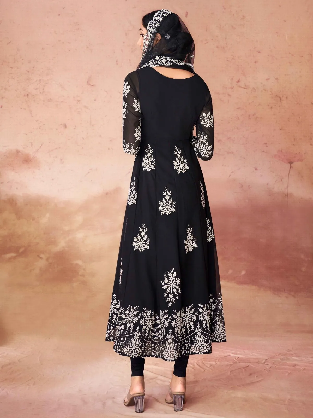 Odette Black Georgette Embroidered Stitched Gown For Women