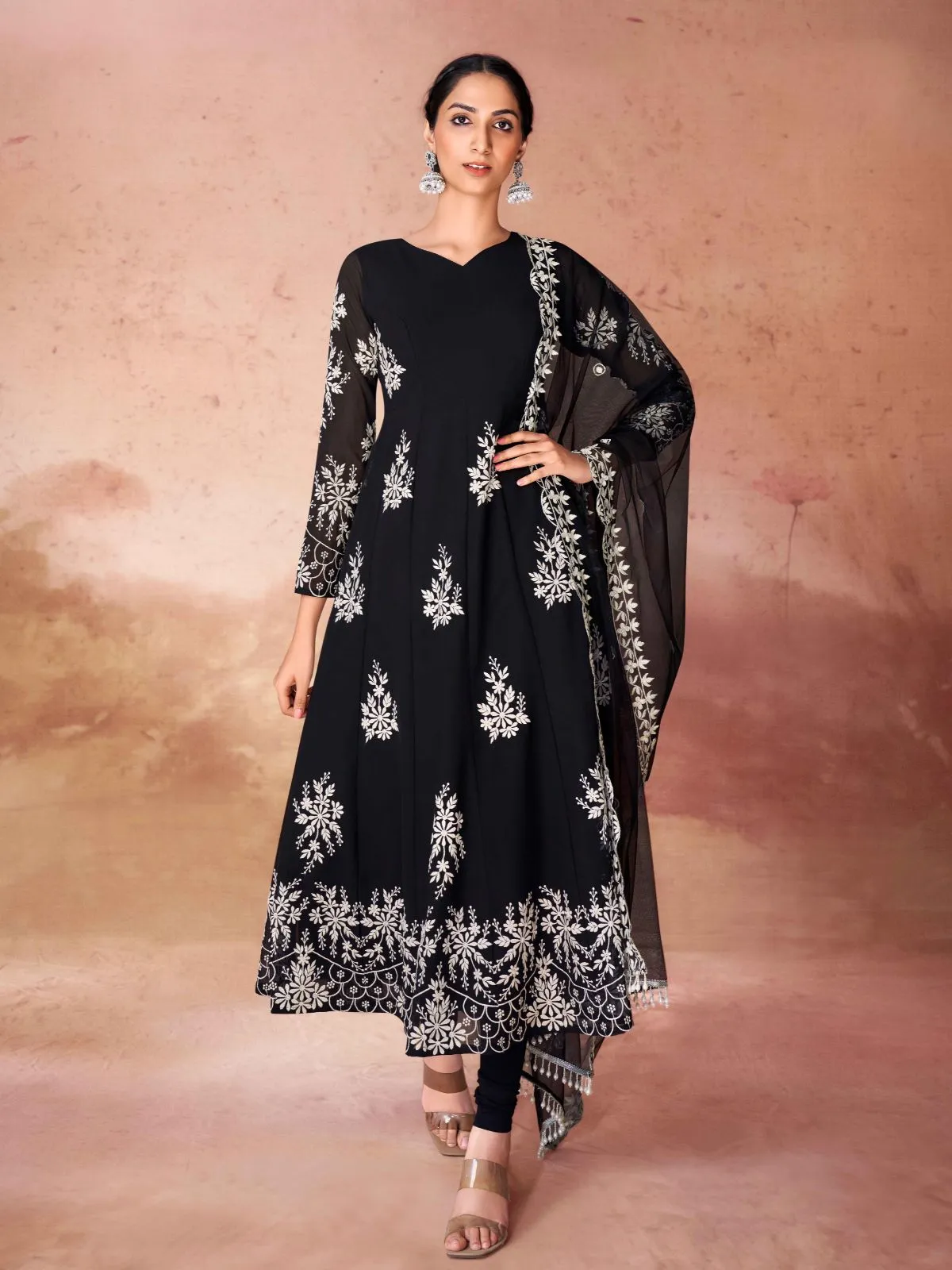 Odette Black Georgette Embroidered Stitched Gown For Women