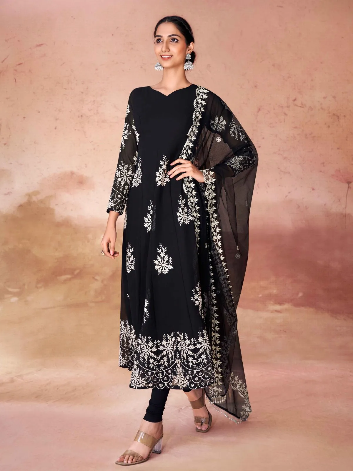 Odette Black Georgette Embroidered Stitched Gown For Women