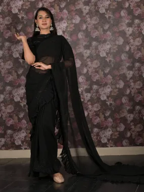 Odette Black Georgette Sequins Saree with Unstitched Blouse & Belt for Women