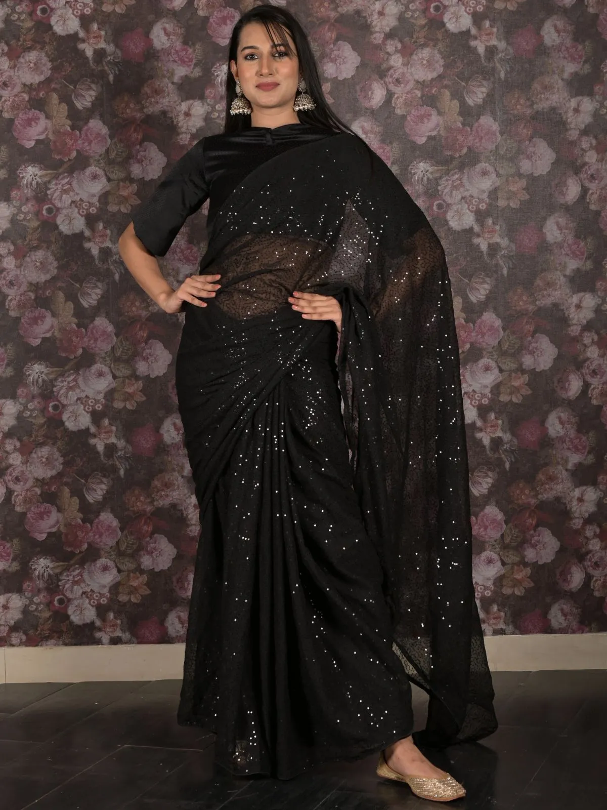 Odette Black Heavy Sequins Embroidered Georgette Saree with Unstitched Blouse for Women