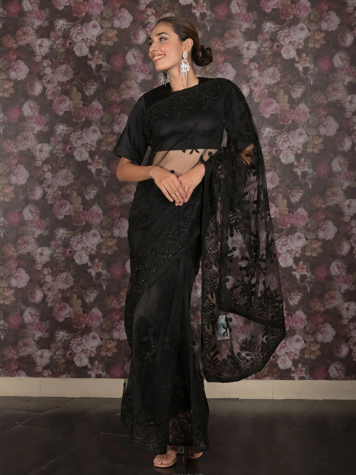 Odette Black Thread Embroidered Net Saree With Unstitched Blouse For Women