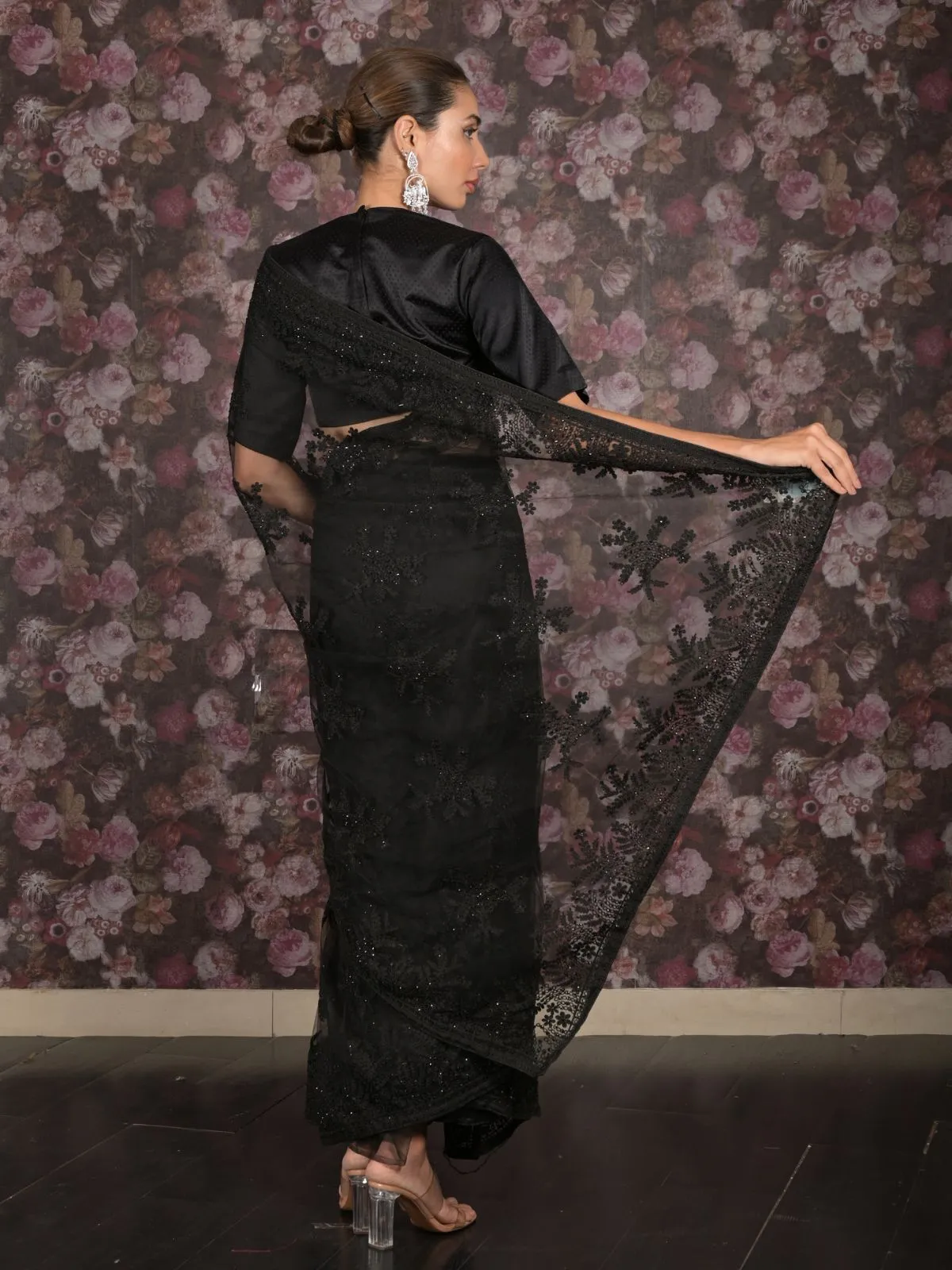 Odette Black Thread Embroidered Net Saree With Unstitched Blouse For Women