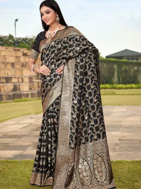 Odette Black Woven Banarasi Silk Saree With Unstitched Blouse For Women