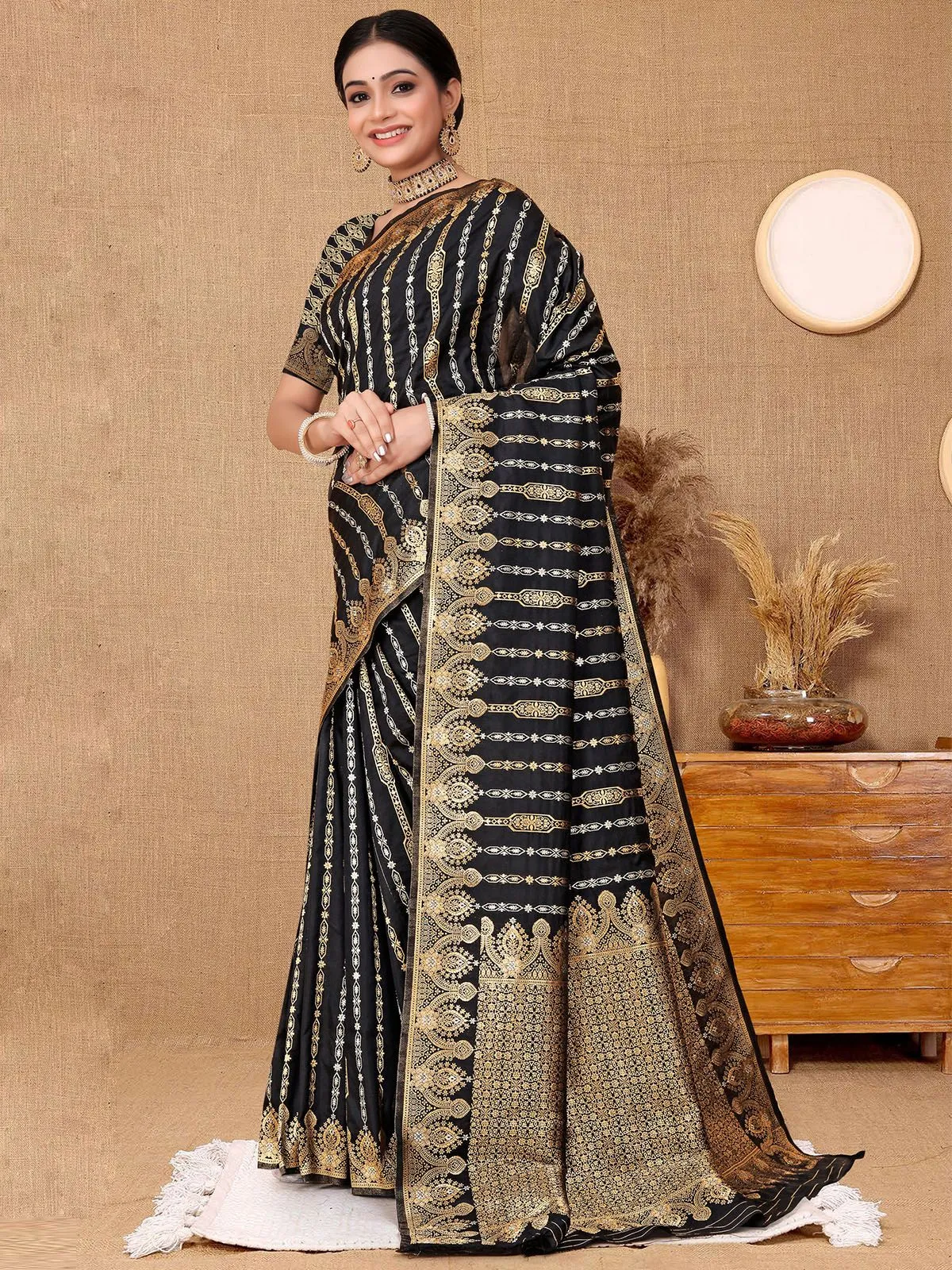 Odette Black Woven Banarasi Silk Saree With Unstitched Blouse For Women