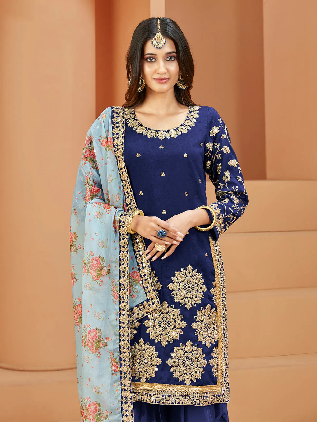 Odette Blue Art Silk  Embroidered Semi stitched Kurta Set For Women