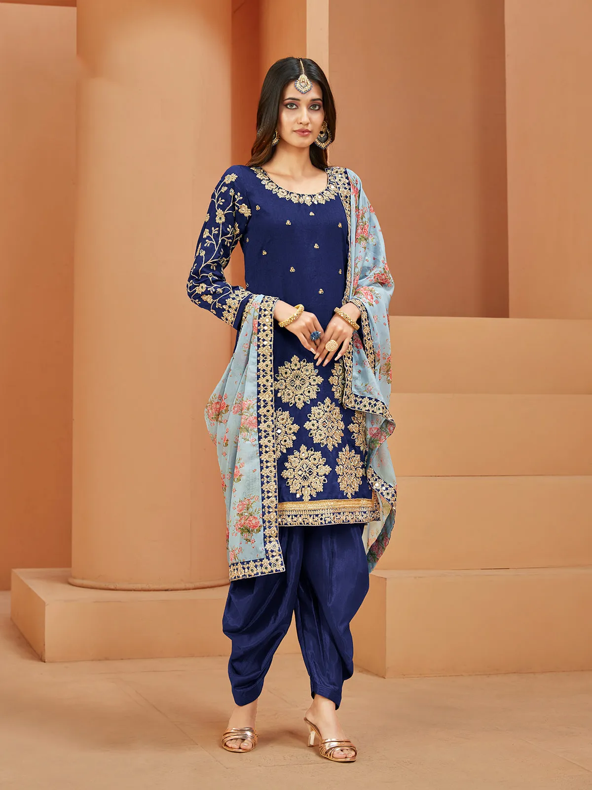 Odette Blue Art Silk  Embroidered Semi stitched Kurta Set For Women