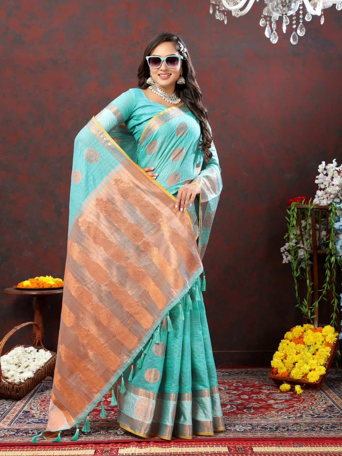 Odette Blue Cotton Blend Woven Saree with Unstitched Blouse for Women