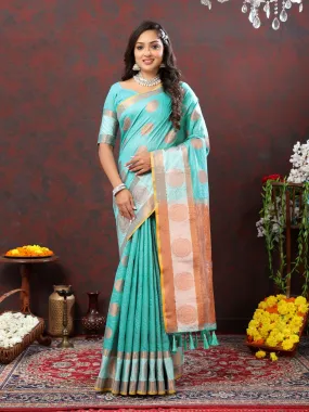 Odette Blue Cotton Blend Woven Saree with Unstitched Blouse for Women