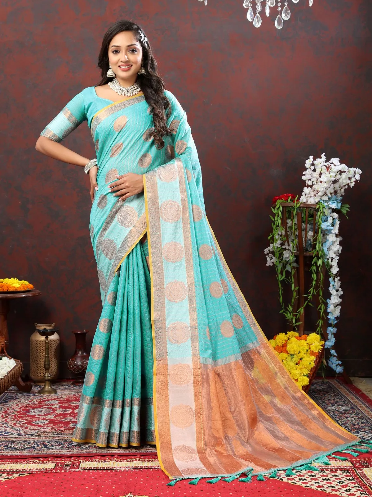 Odette Blue Cotton Blend Woven Saree with Unstitched Blouse for Women