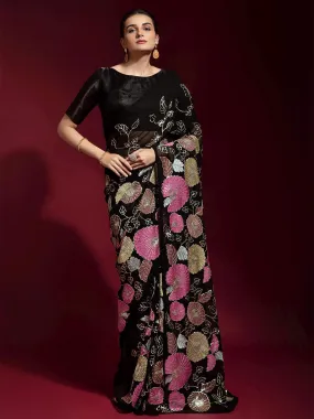 Odette Women Black Embroidered Georgette Saree With Unstitched Blouse