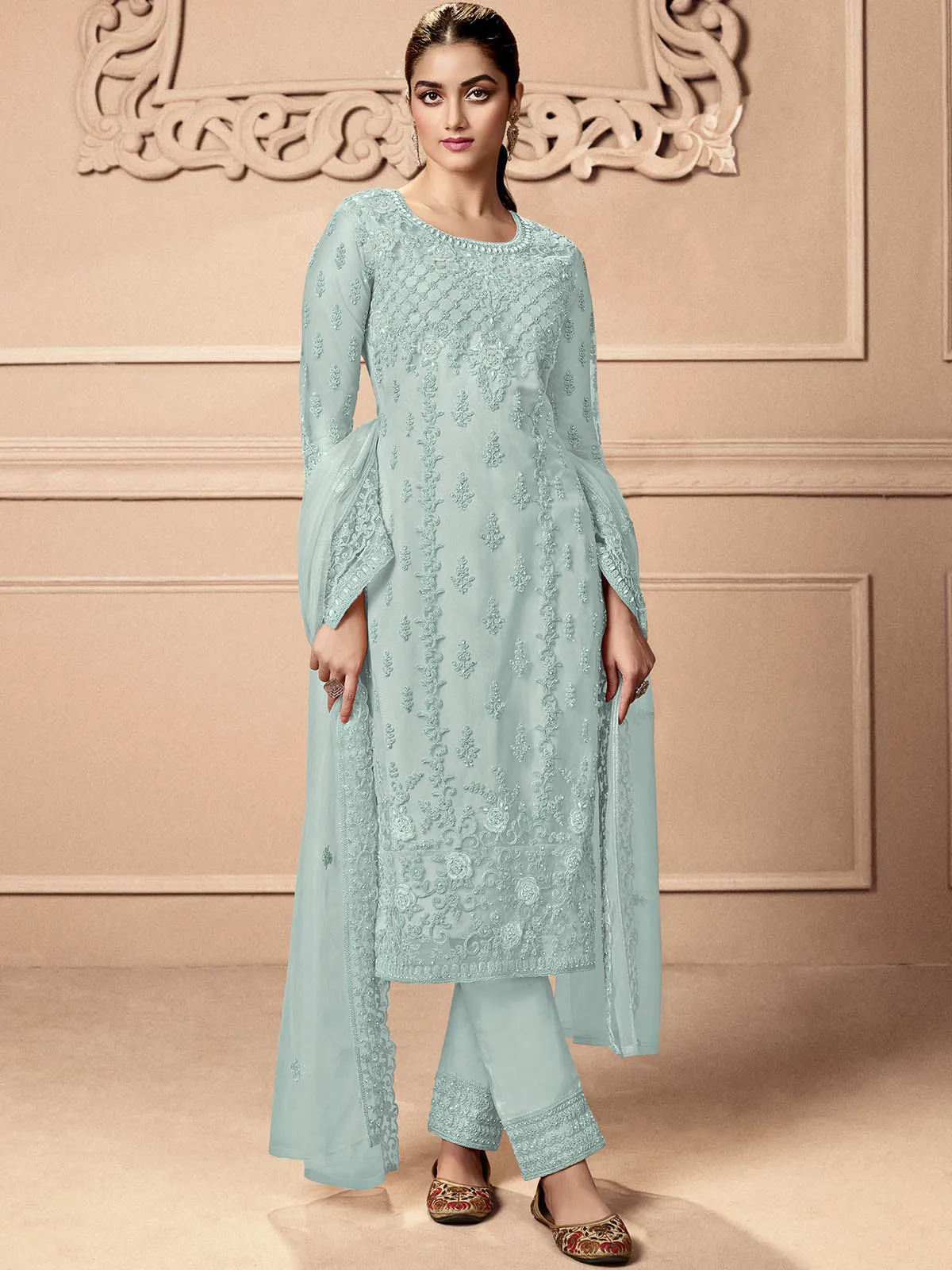 Odette Women Blue Embroidered Georgette Semi Stitched Palazzo Suit