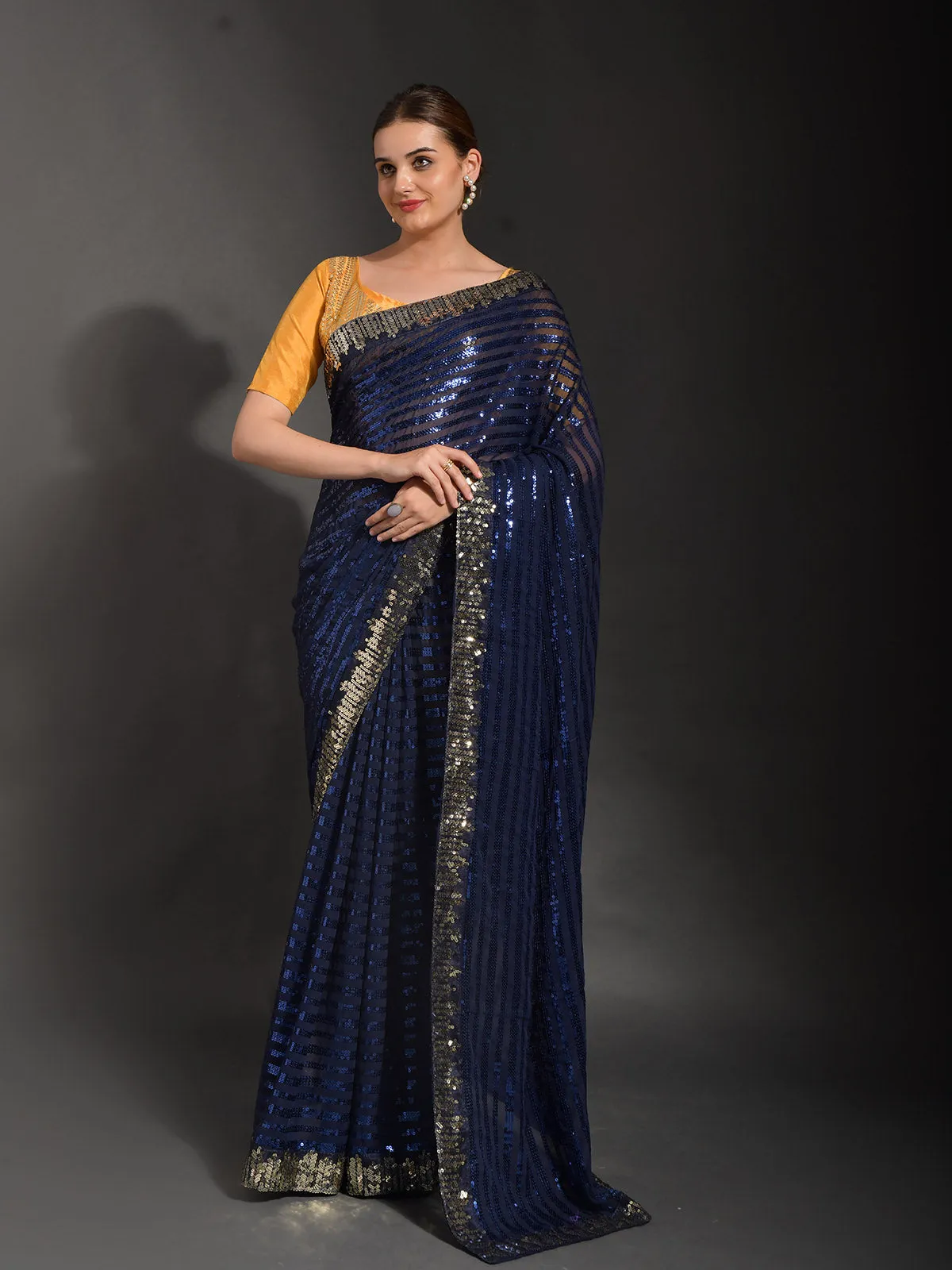 Odette Women Blue Georgette Designer Saree With Unstitched Blouse