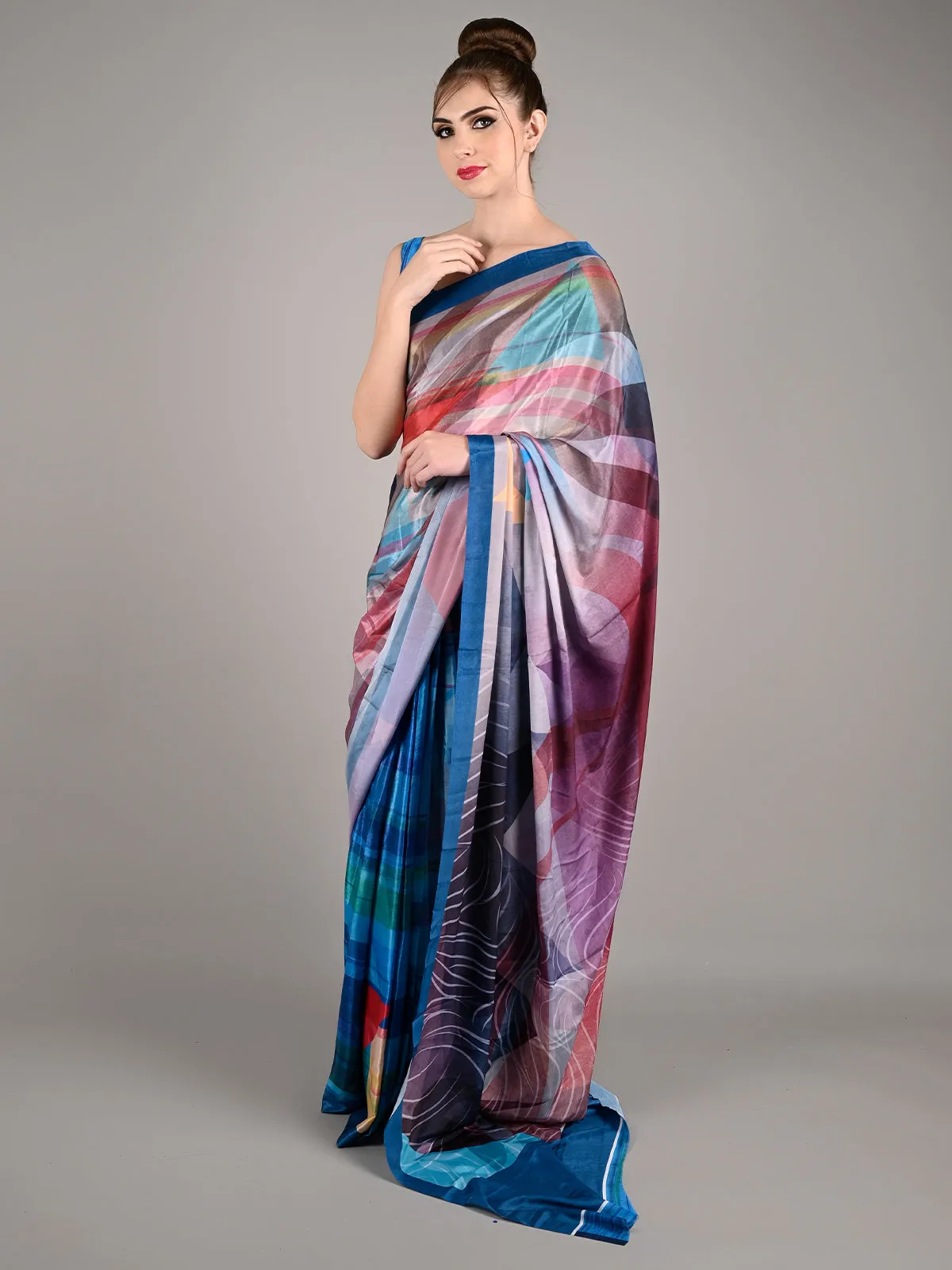 Odette Women Blue Silk Crepe Digital Stripes Print Saree With Unstitched Blouse