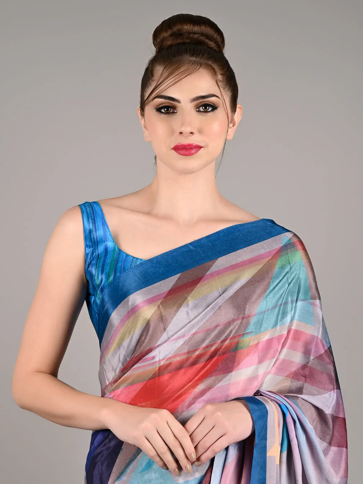 Odette Women Blue Silk Crepe Digital Stripes Print Saree With Unstitched Blouse