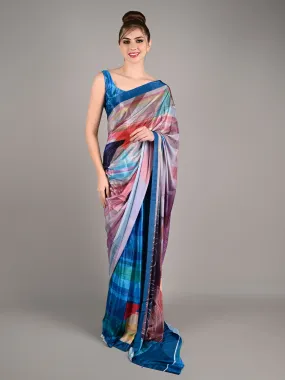 Odette Women Blue Silk Crepe Digital Stripes Print Saree With Unstitched Blouse