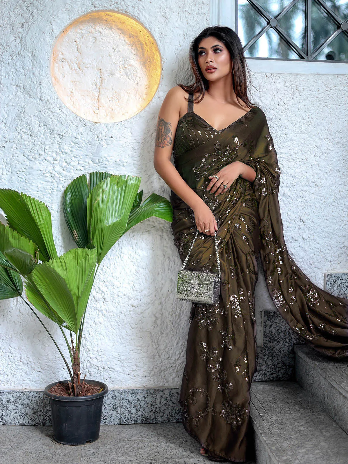 Odette Women Dark Green Sequin Saree With Unstitched Blouse