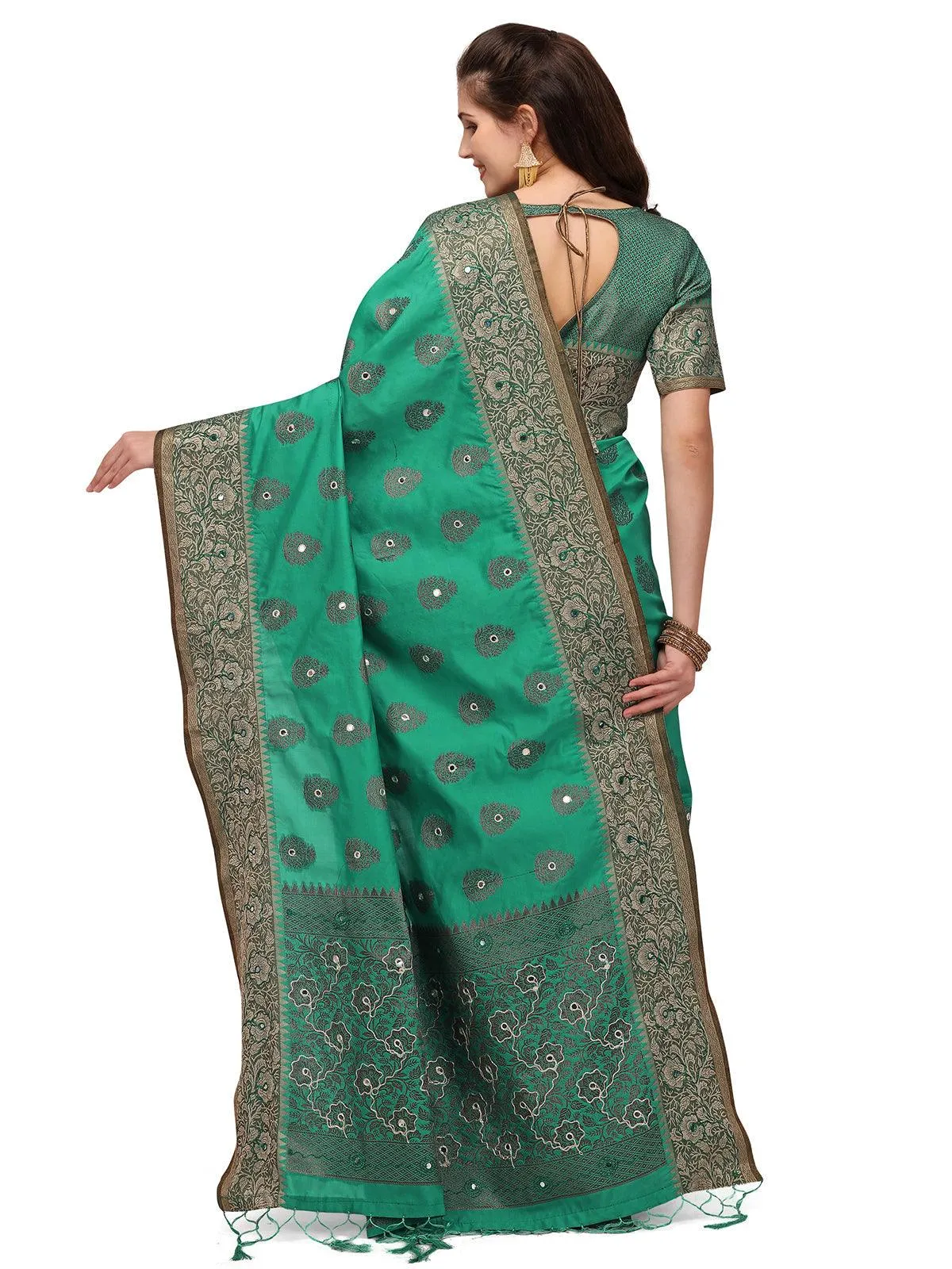 Odette Women Green Banarasi Silk Saree With Unstitched Blouse