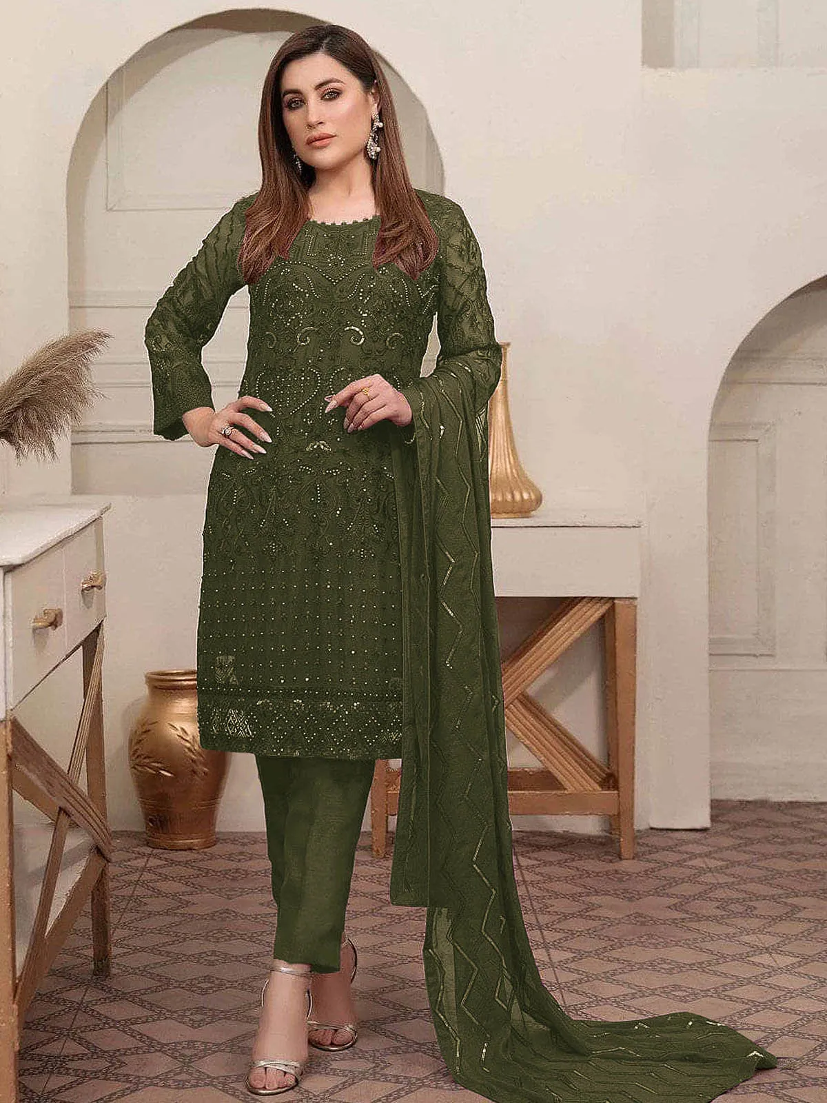 Odette Women Green Embroidered Georgette Semi Stitched Salwar Suit