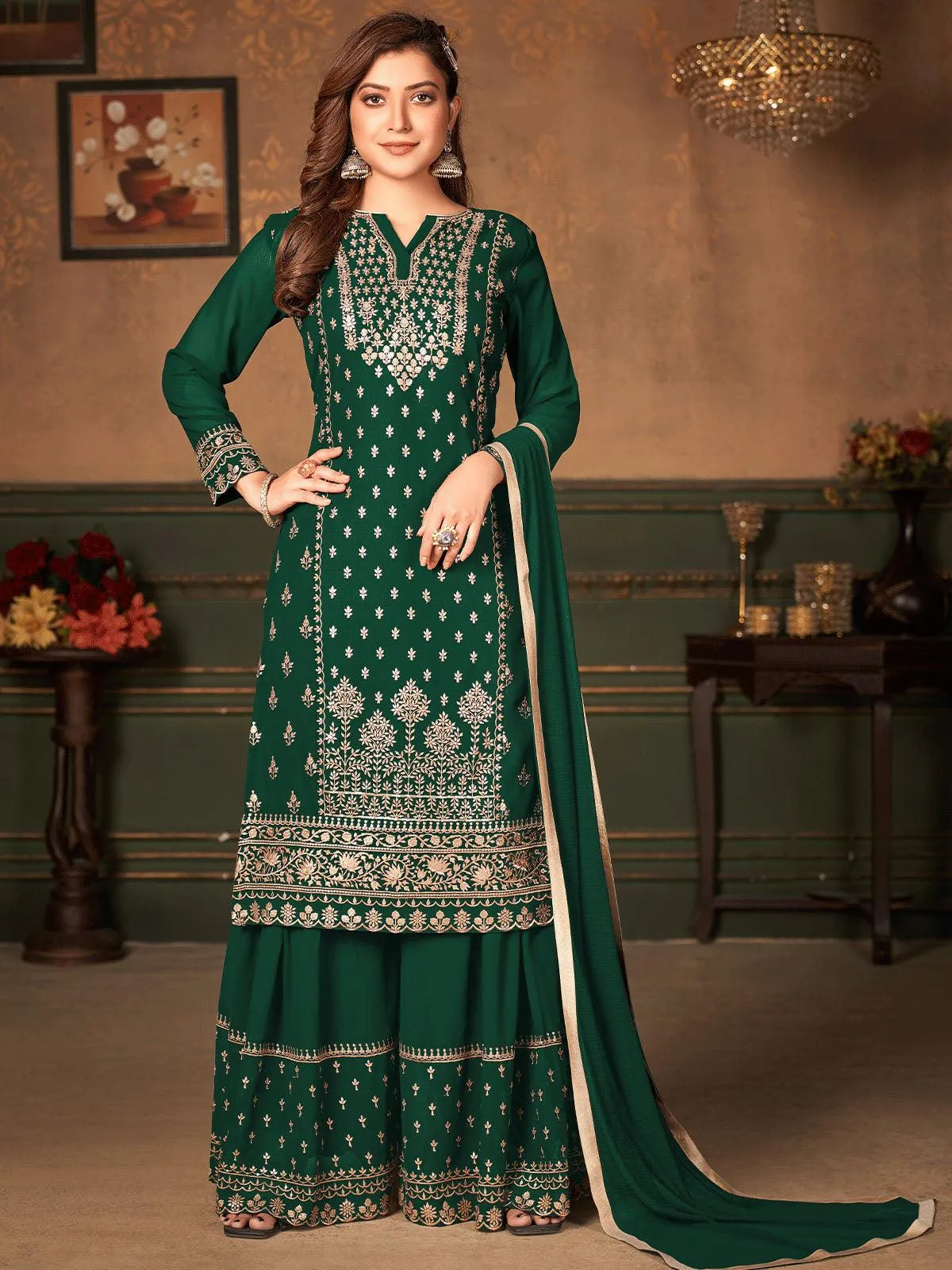 Odette Women Green Semi-Stitched Embroidered Faux Georgette Kurta Set With Dupatta