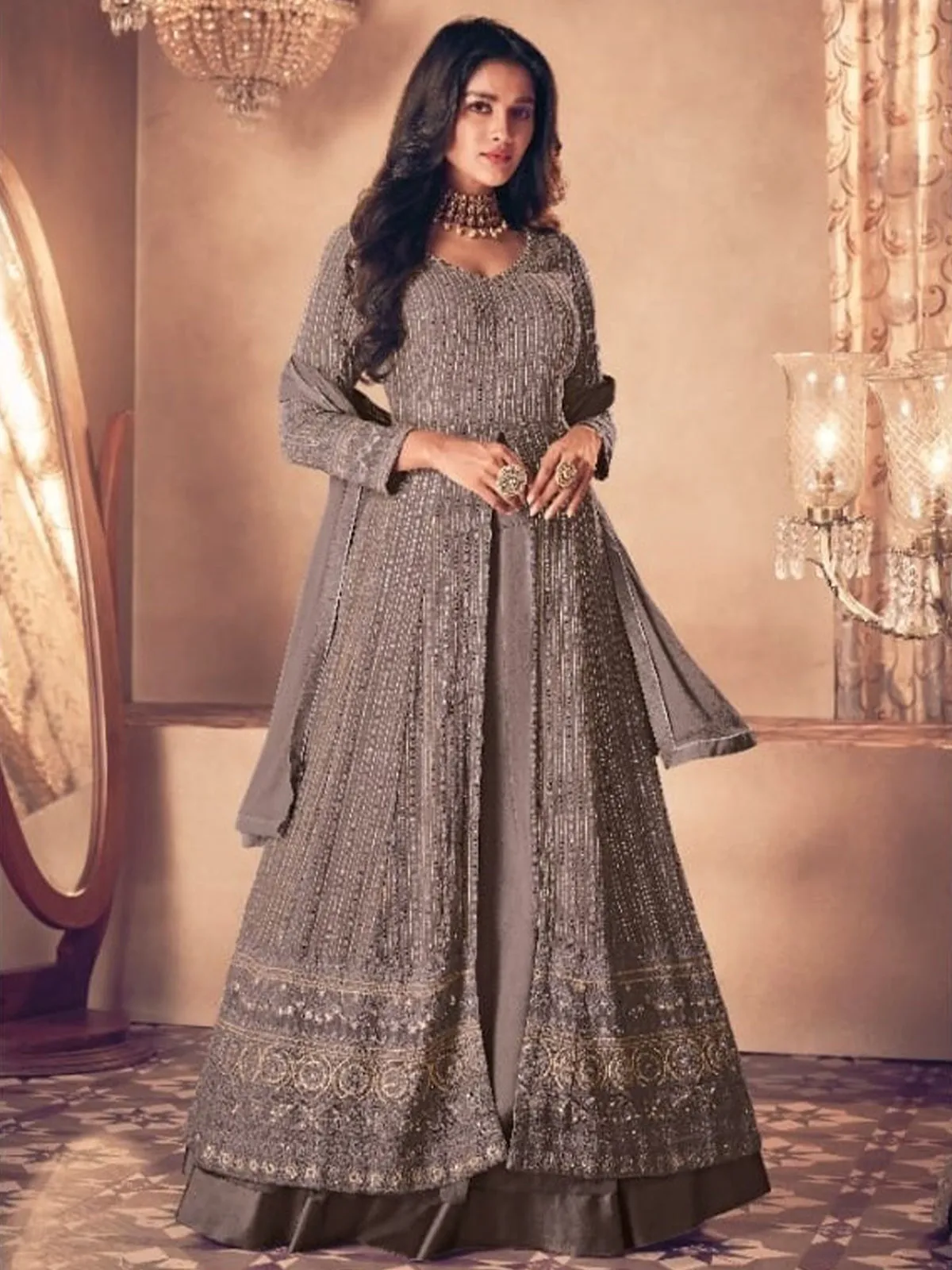 Odette Women Grey Faux Georgette Semi Stitched Kurta Set