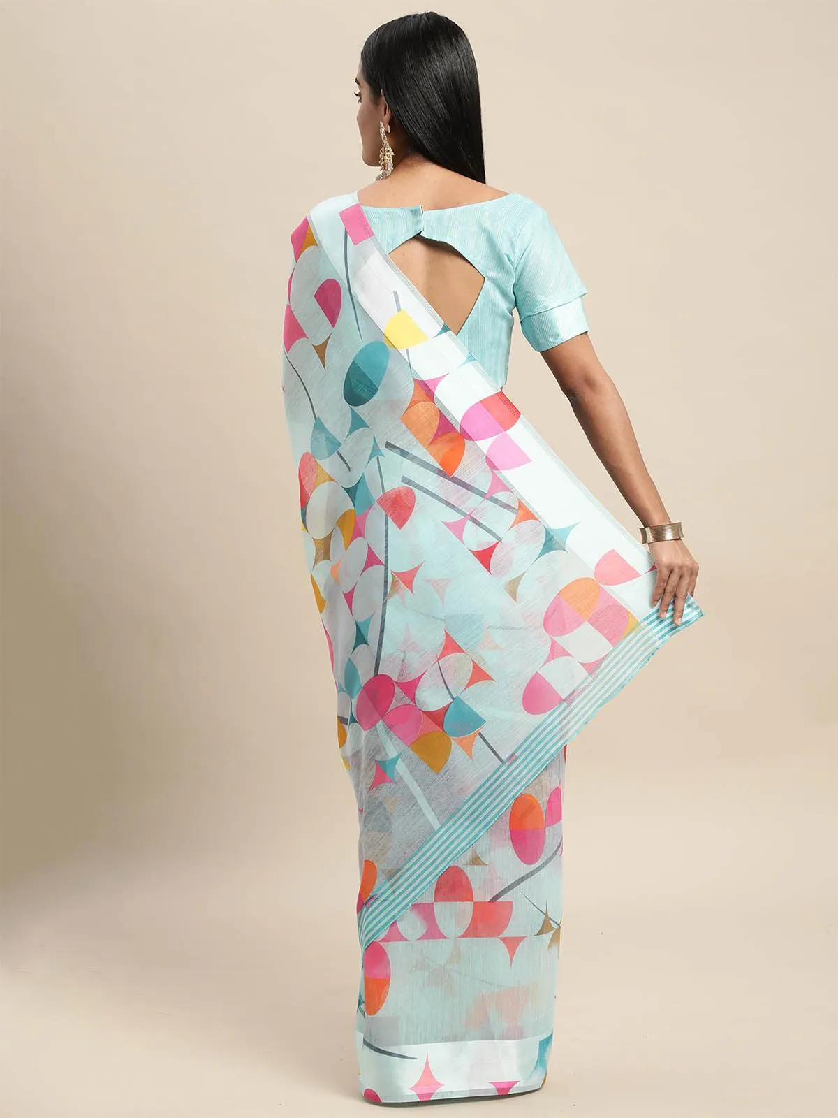 Odette Women Linen Turquoise Printed Designer Saree With Blouse Piece