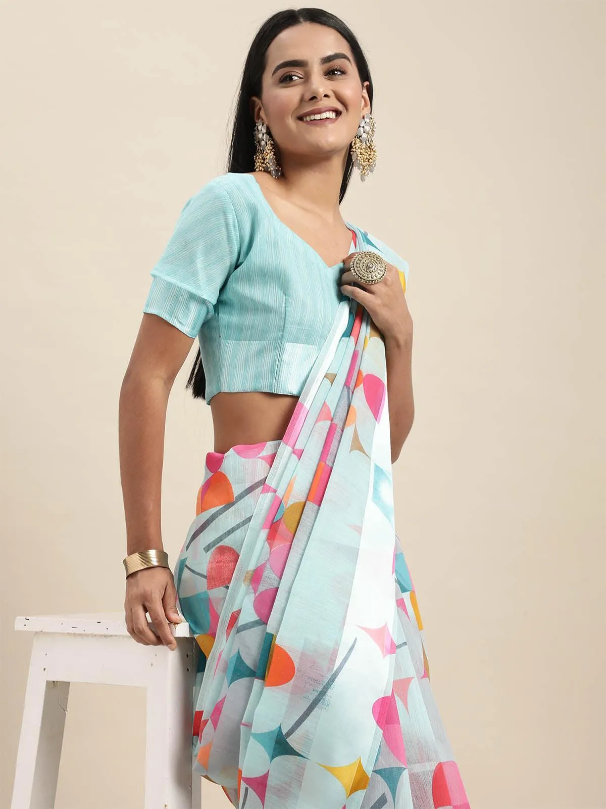 Odette Women Linen Turquoise Printed Designer Saree With Blouse Piece