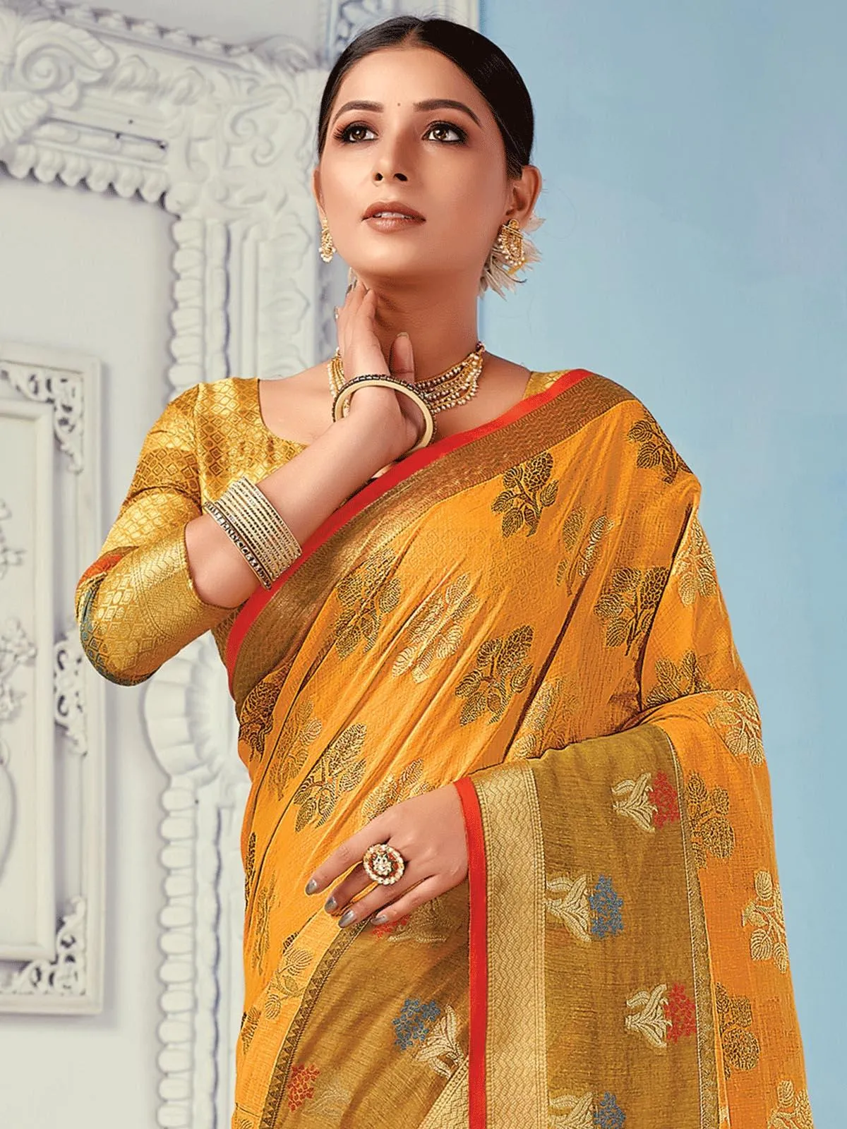 Odette Women Mustard Cotton Woven Design Saree With Blouse Piece