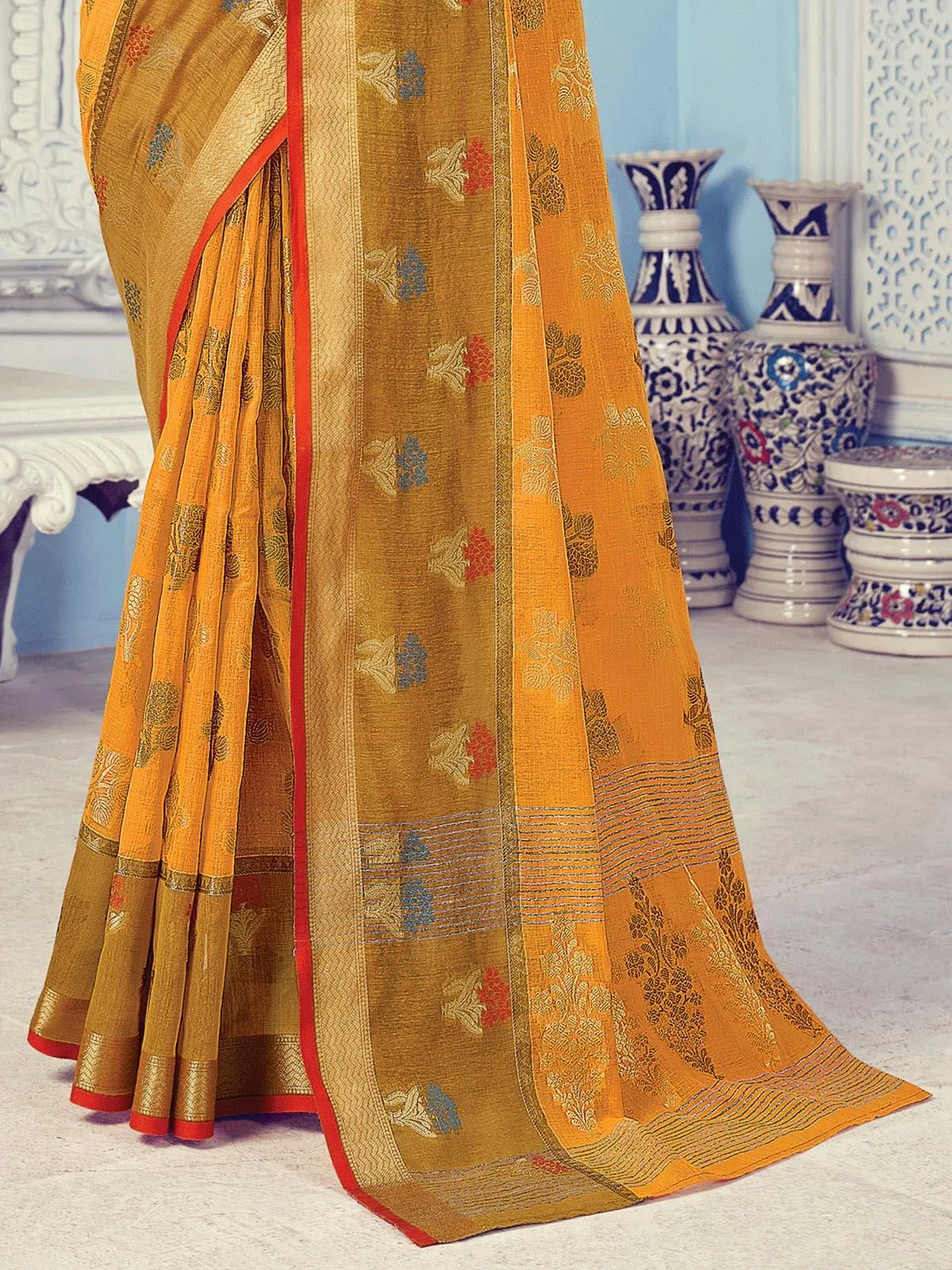 Odette Women Mustard Cotton Woven Design Saree With Blouse Piece