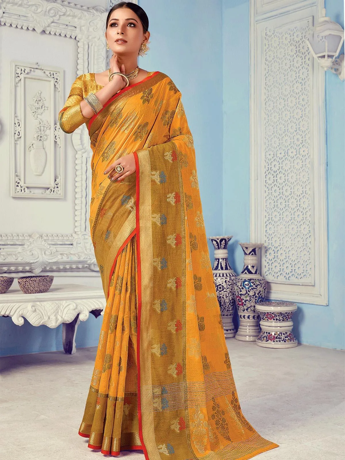 Odette Women Mustard Cotton Woven Design Saree With Blouse Piece