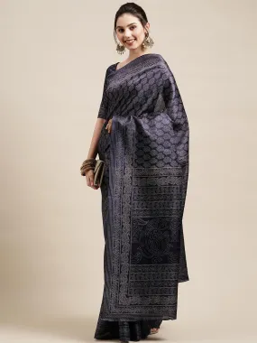 Odette Women Navy Blue Casual Bhagalpuri Silk Printed Saree With Unstitched Blouse