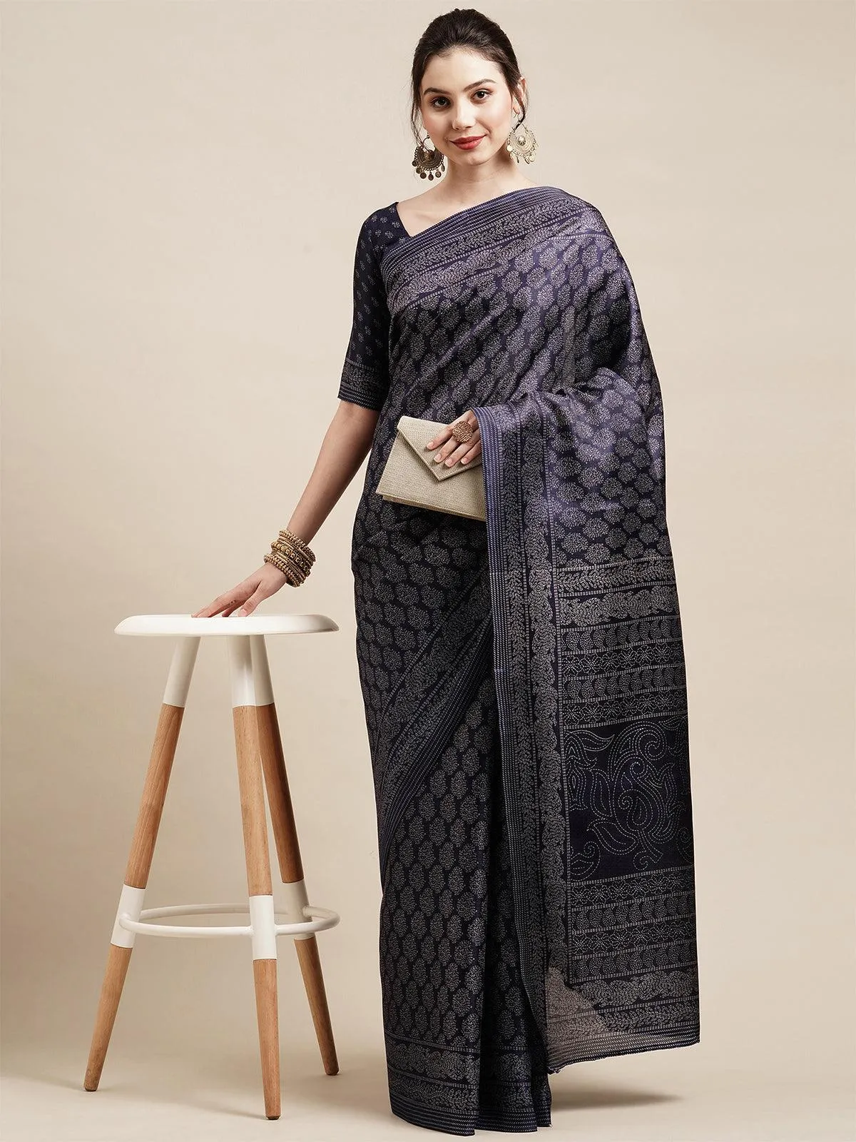 Odette Women Navy Blue Casual Bhagalpuri Silk Printed Saree With Unstitched Blouse