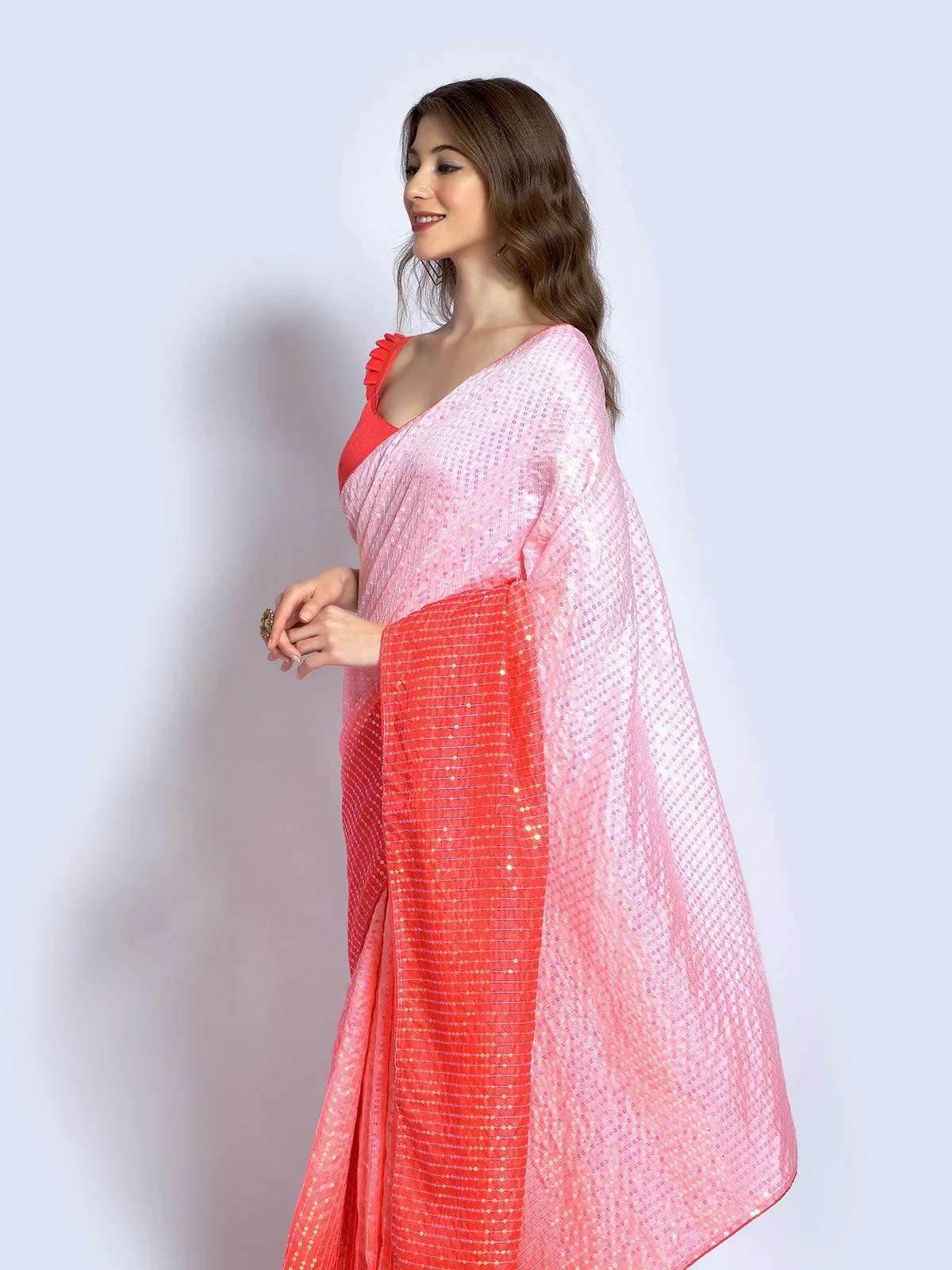 Odette Women Peach Silk Blend Designer Embroidery Saree With Unstitched Blouse