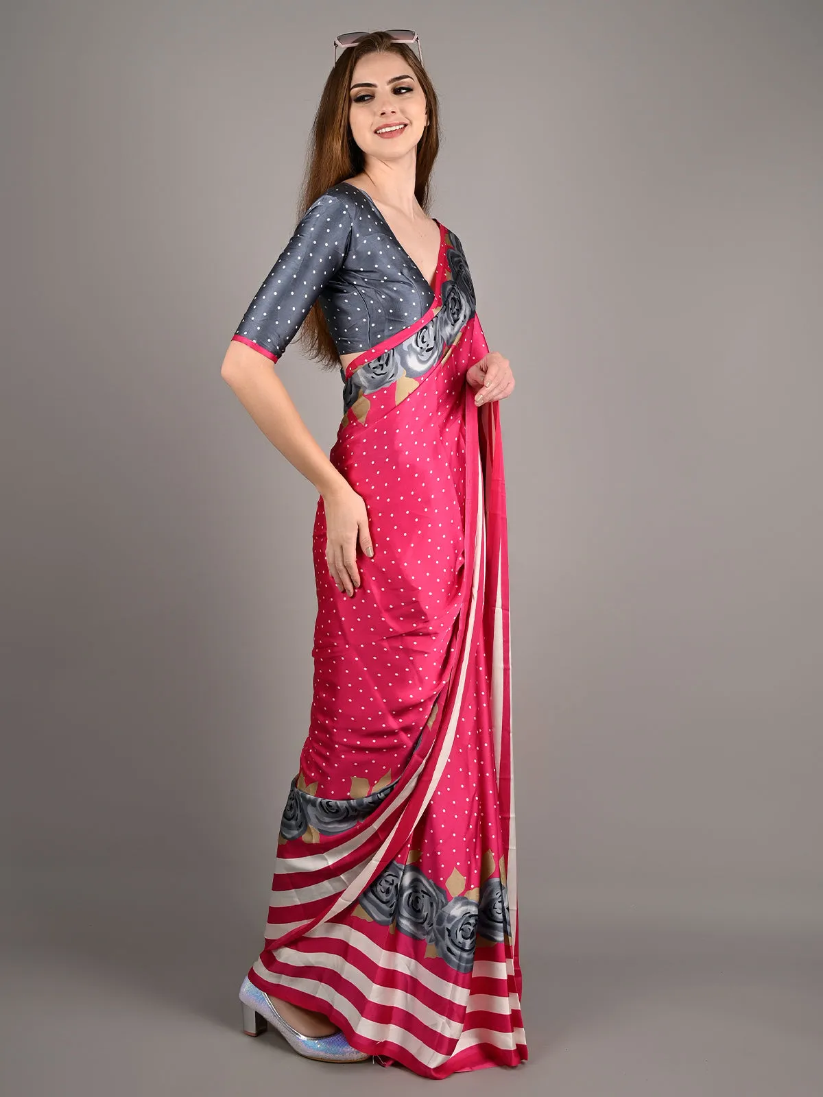 Odette Women Pink Satin Crepe Polka Dots Saree With Unstitched Blouse