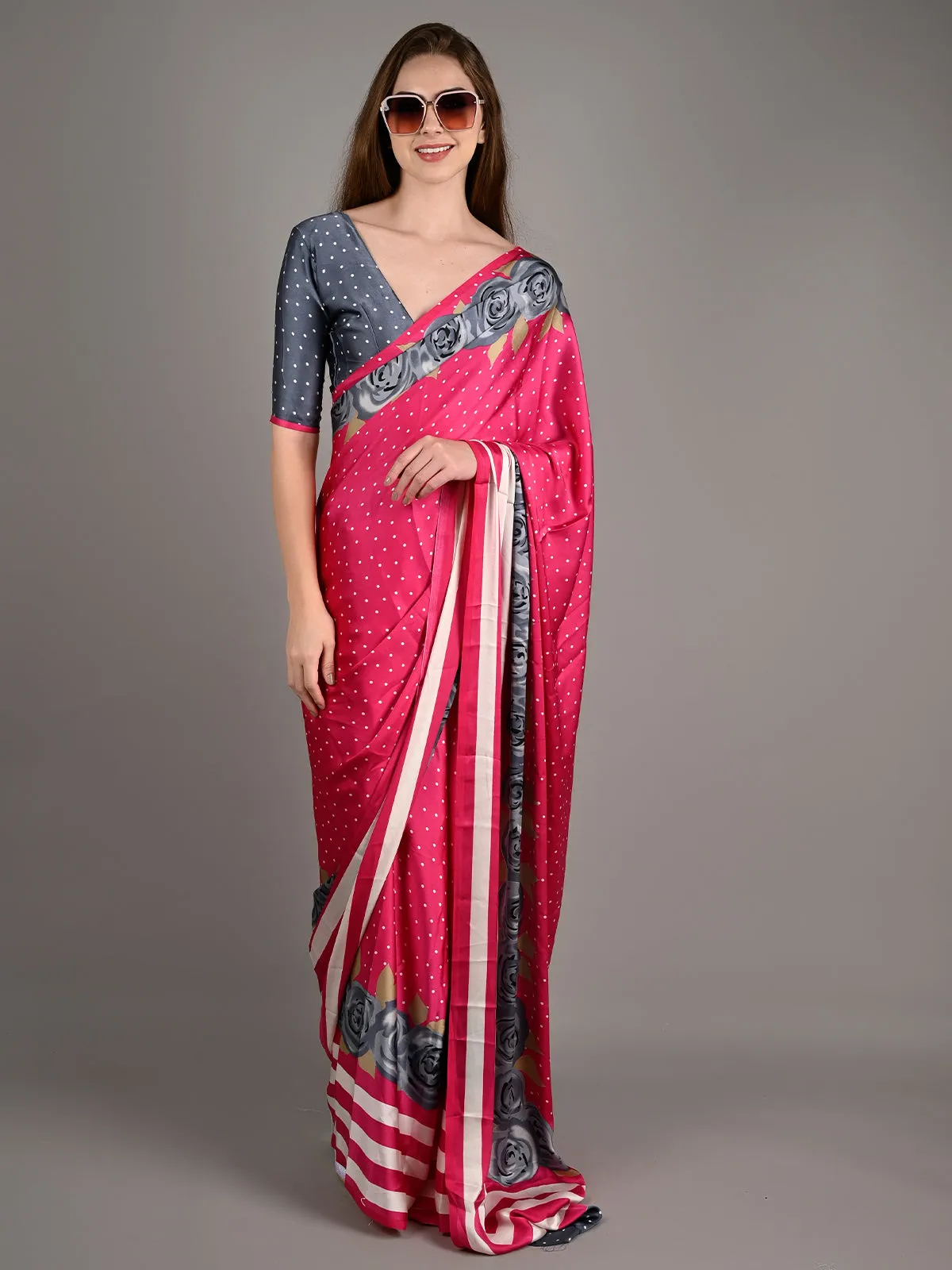 Odette Women Pink Satin Crepe Polka Dots Saree With Unstitched Blouse